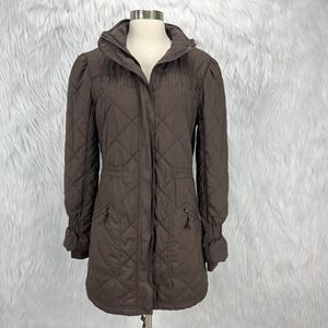Title Nine Womens S Quilted Jacket Coat Brown Full Zip Hideaway Hood Lightweight